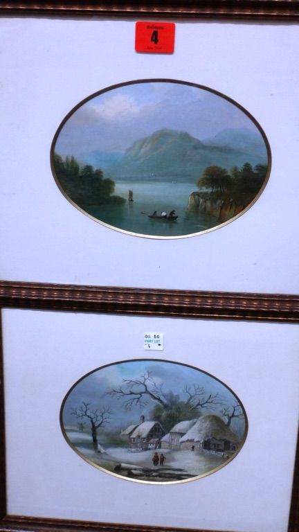 Continental School (late 19th century), Lake scene; Village in the snow, a pair, oil on board, oval.(2)