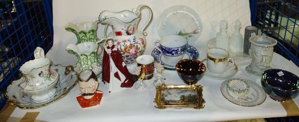 A quantity of assorted ceramics, including a painted porcelain plaque signed 'Funge', floral painted jugs, a lustreware bowl, a Royal Worcester figure