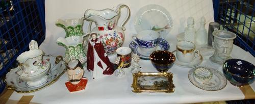 A quantity of assorted ceramics, including a painted porcelain plaque signed 'Funge', floral painted jugs, a lustreware bowl, a Royal Worcester figure