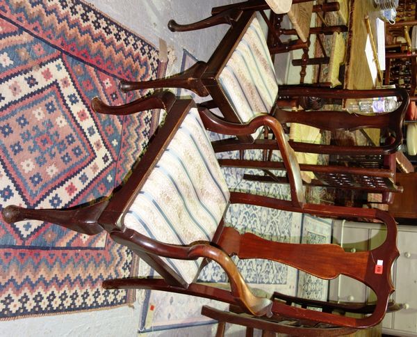 A set of four mahogany vase back dining chairs, and two assorted carver chairs. (6)