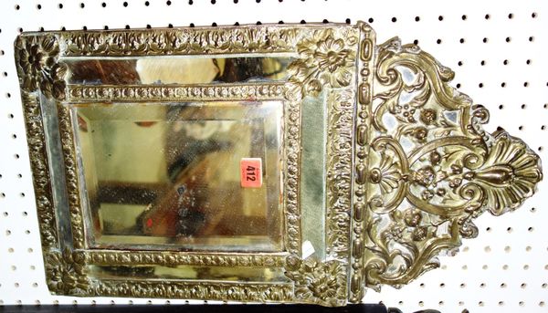 A 19th century Dutch repousse wall mirror, 33.5cm wide x 60cm high together with another mirror, 92cm wide x 104cm high.  (2)