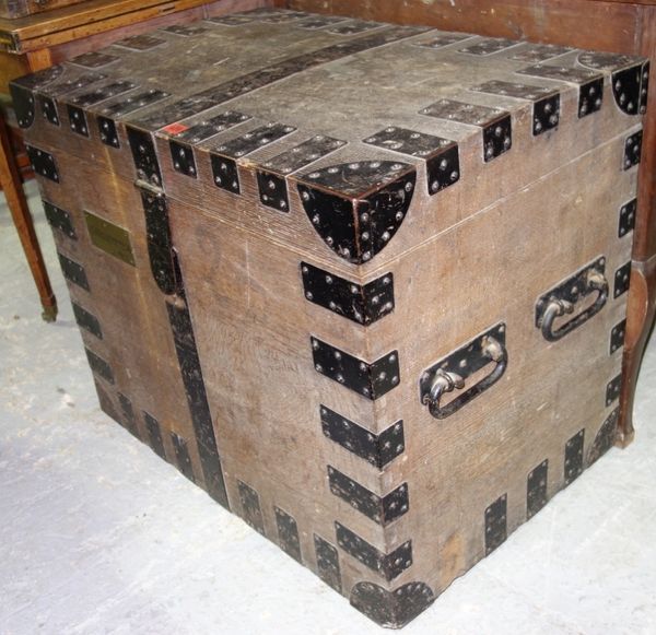 A large early 20th century oak and iron bound silver chest, 81.5cm wide.