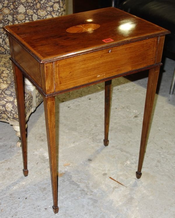 A 19th century mahogany and inlaid lift top work table, 48cm wide.