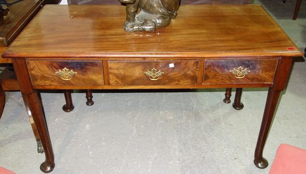 A 19th century mahogany rectangular side table, with three chequer strung drawers and turned pad feet, 119cm wide.