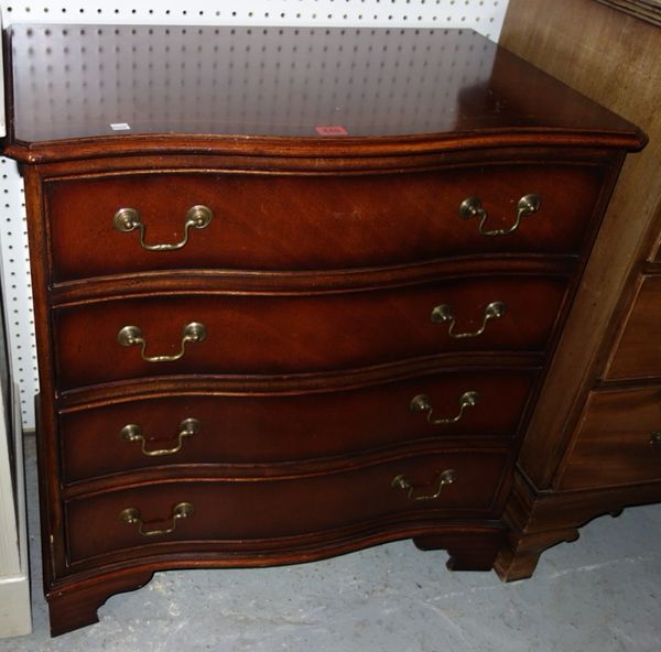 A 20th century mahogany and line inlaid serpentine chest of four drawers, on bracket feet, 74cm wide.