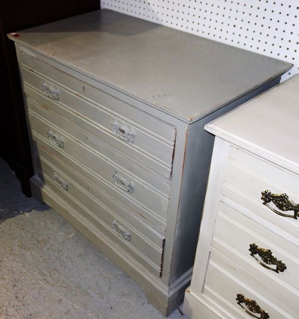 A grey painted chest of three long drawers, 92cm wide.