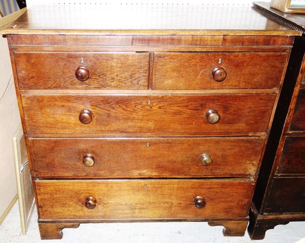 A 19th century oak chest of two short and three long drawers, 112cm wide.