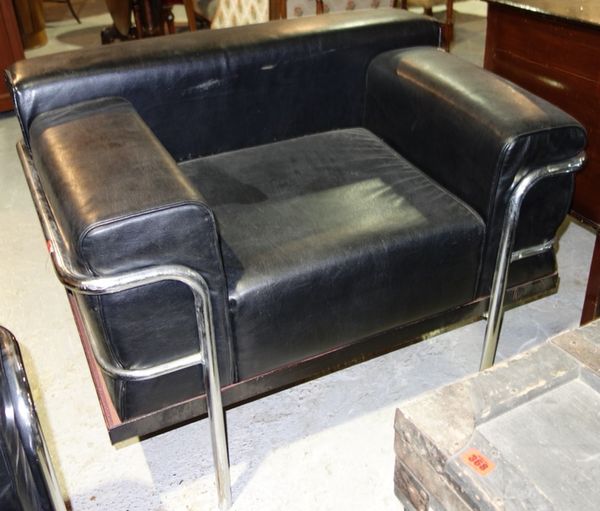 A single chrome and black leather chair, 101cm wide.