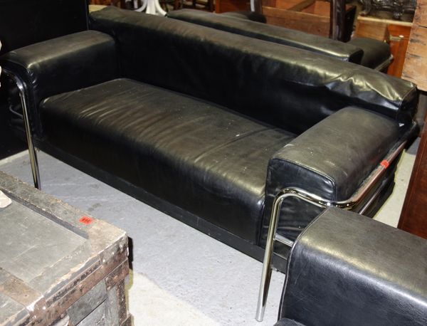 A pair of 20th century chrome and black leather two seat sofas, 161cm wide. (2)