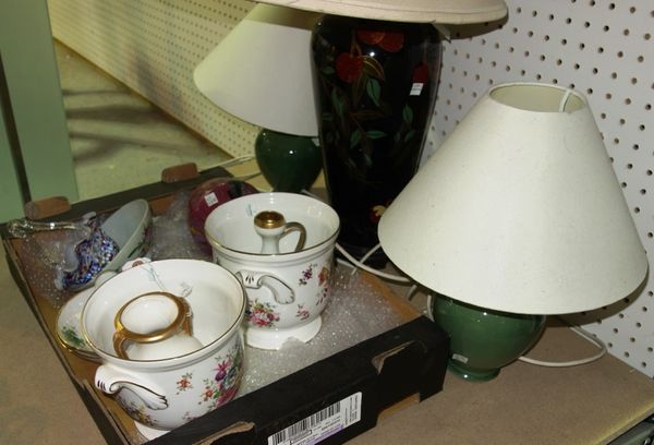 A quantity of ceramics, including; a pair of Hammersley china twin handled jardinière, a Monet style art glass vase, three lamps and sundry. (qty)