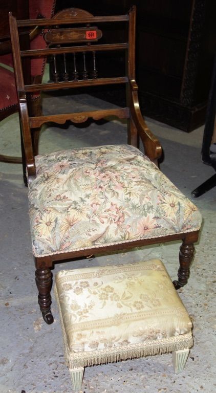 An Edwardian inlaid nursing chair and a French painted footstool. (2)