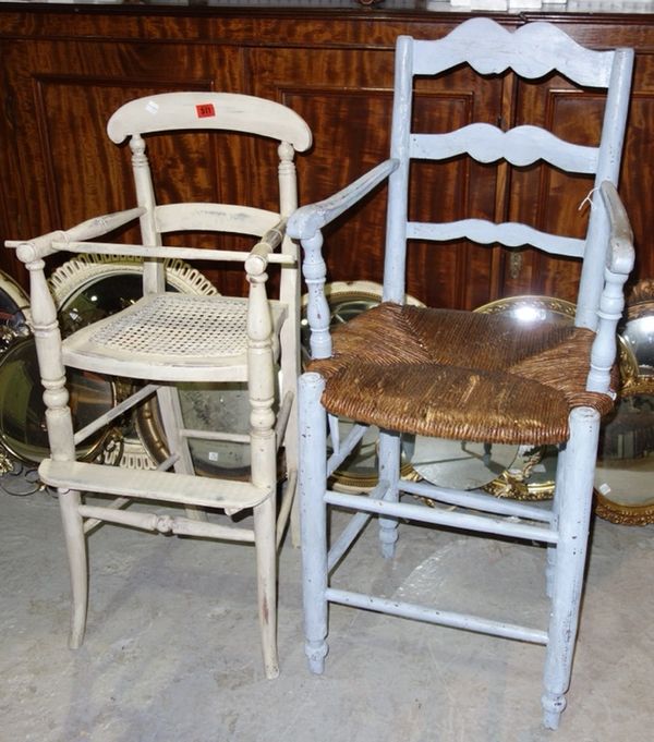 A 19th century cream painted child's high chair, with a cane seat together with a blue painted child's high chair. (2)