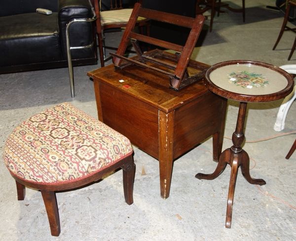 A 19th century oak lift top stool, a mahogany wine table, a book stand and a stool. (4)