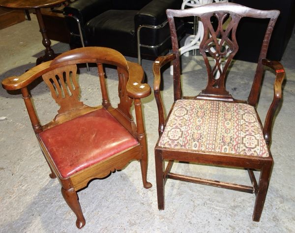 A 19th century oak corner chair and a mahogany open armchair. (2)
