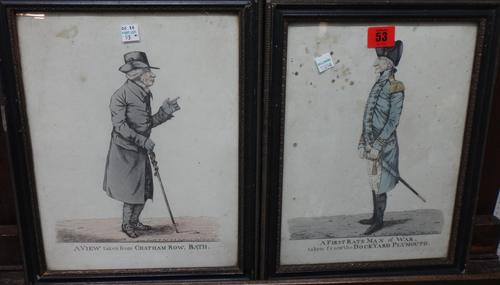 After Robert Dighton, A First Rate Man of War, taken from the Dockyard, Plymouth, A view taken from Chatham Row, Bath, a pair of engravings with hand