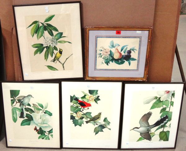 Continental School (19th century), Still life of fruit, watercolour, together with four reproduction prints of birds and foliage.(5)