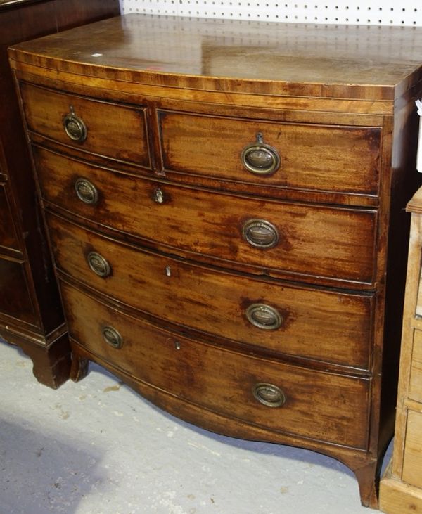 A 19th century mahogany bowfront chest of two short and three long drawers on bracket feet, 89cm wide.