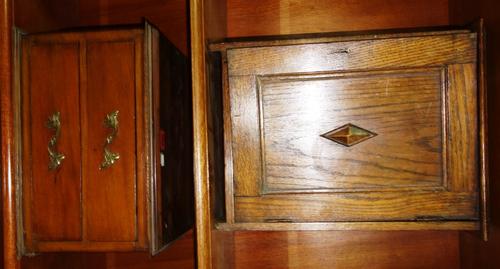 A 19th century mahogany table top two drawer chest, 38cm wide together with an oak small cabinet, 33cm wide, (2).