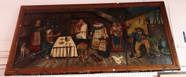 A group of three large painted panels depicting Medieval village scenes, 100cm x 190cm. (3)