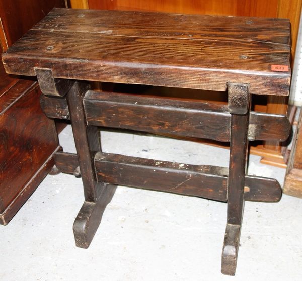 A 19th century pitch pine rectangular trestle type occasional table, 61cm wide.