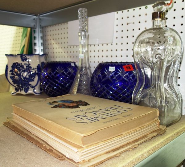 A pair of cut glass blue flashed globular vases, two decanters, a blue and white jardinière and a group of French books. (qty)