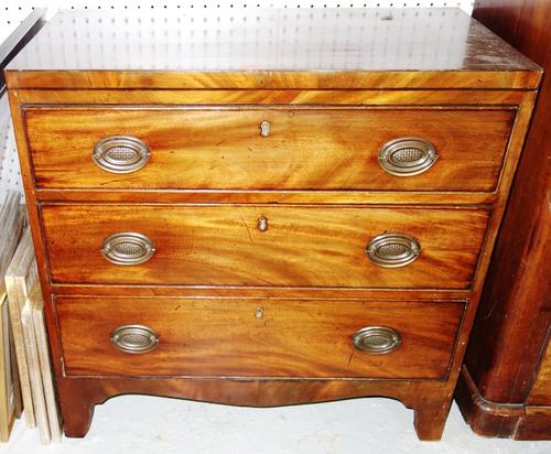 A 19th century mahogany and ebony strung three drawer chest of drawers, 74cm wide.