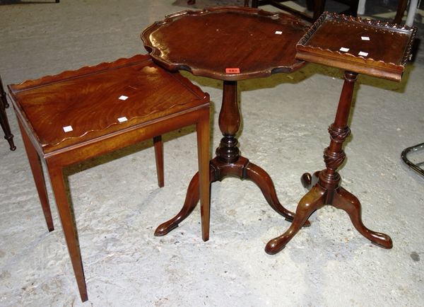 A 20th century mahogany tripod table with pie crust top, 49cm wide together with a rectangular occasional table with wavy gallery 40cm wide and a kett