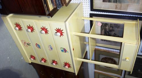 A 20th century yellow painted four drawer chest, 88cm wide and a matching two tier bedside cabinet, 50cm wide. (2)