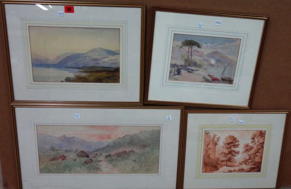 A group of four 19th century watercolours, including a mountainous lake scene signed W. Moore, a view near Naples, an ink and sepia wash study of tree