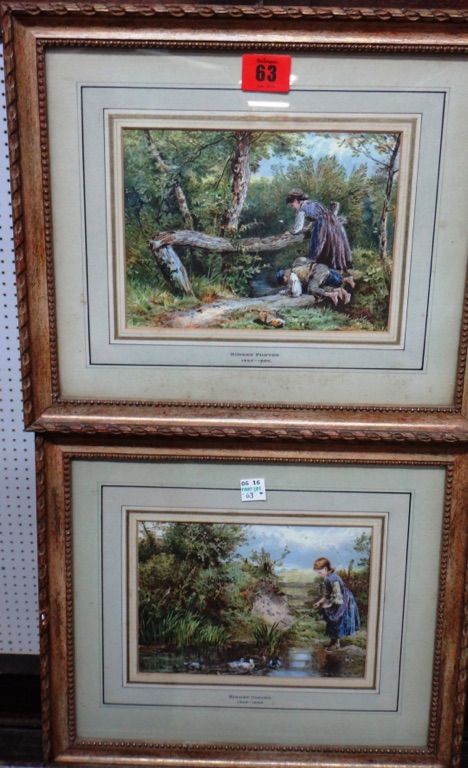 After Myles Birket Foster, Children playing by a stream, a pair of chromolithographs.(2)