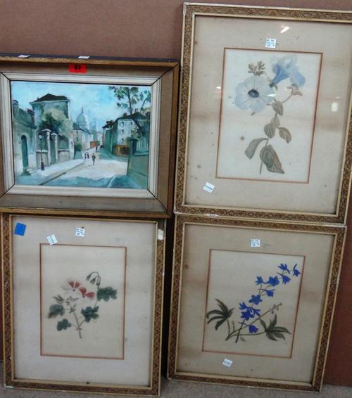 ** Champon (20th century), Near Sacre Coeur, Paris, oil on board, signed, together with three chalk drawings of flowers.(4)