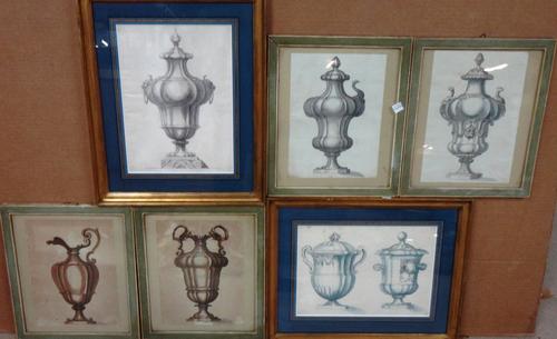 A group of assorted pictures and prints, including watercolour and ink drawings of urns and vases, figurative and architectural subjects; Travellers o