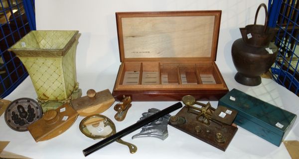 A quantity of collectables, including a 20th century mahogany cigar box, brass postal scales, a tole painted lattice work waste pin, an Art Nouveau ha