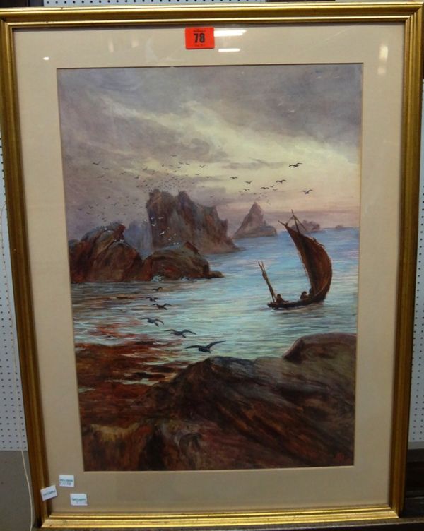 English School (19th century), sailing boat off a rocky coastline, watercolour, signed with monogram and dated 1872. (1)