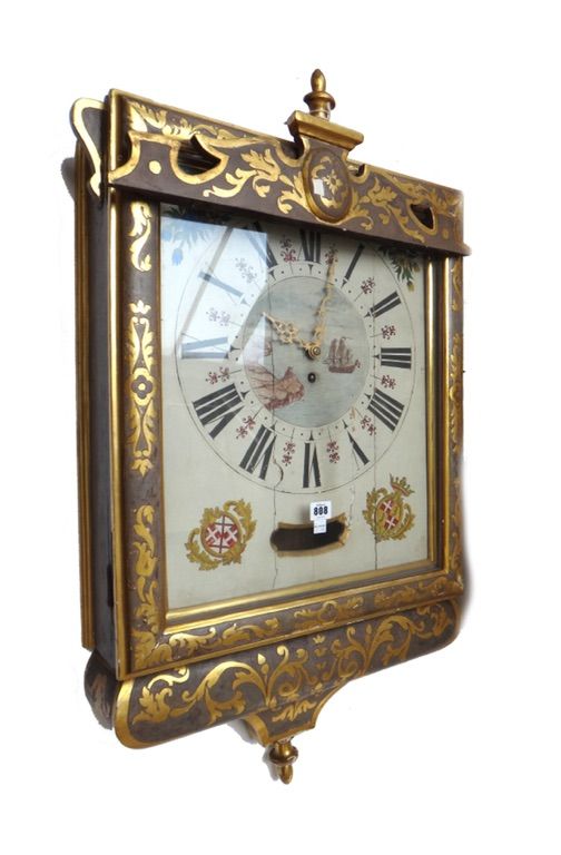 A Continental giltwood carved wall clock of rectangular form, 19th century, the wooden dial under a glazed door with pendulum aperture, hand painted w