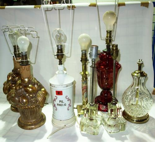 A 19th century porcelain drug jar converted to a lamp base, together with five further lamp bases. (6)