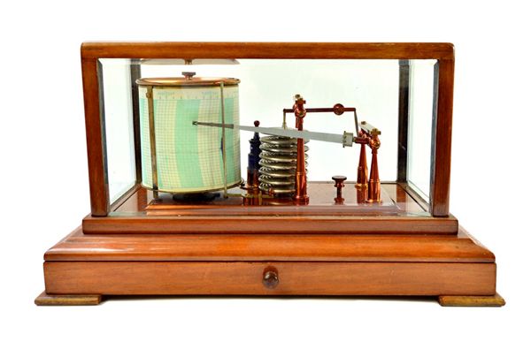 A mahogany cased barograph by Negretti and Zambra, early 20th century, with single frieze drawer to the stepped plinth base, 37cm wide.   Illustrated