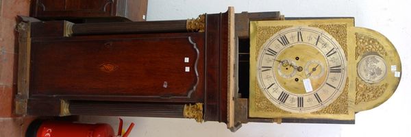 A George III eight day oak and mahogany inlaid longcase clock, dismantled, with brass arch top dial detailed with two subsidiary dials, and with a two