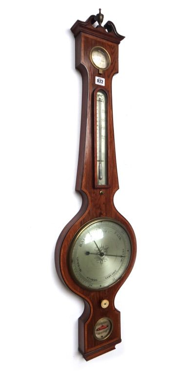 A mid-19th century rosewood crossbanded boxwood and ebony strung wheel barometer by J. King, Bristol, the swan neck pediment above five dials, the bar