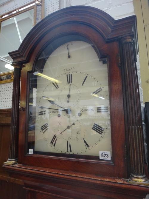 A George III mahogany eight day longcase clock, Barwise London, the 'London' case with quarted fitted brass fluted columns and well figured body and b