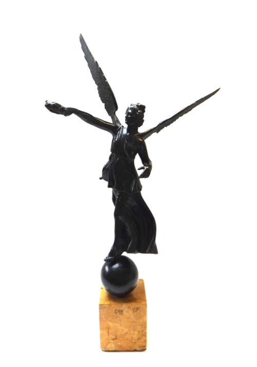 An Italian bronze figure of Victory, late 19th century after the Antique set on a sienna marble plinth, 78cm high.