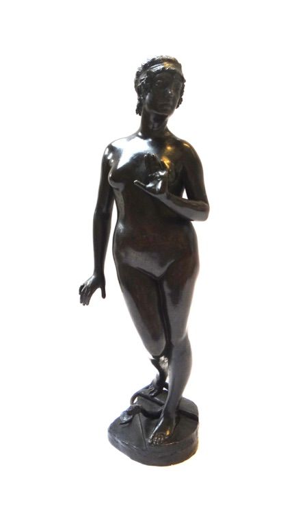 An Italian bronze figure of Eve, Circa 1900, cast from a model by Pasquale Fosca (1852-1952), with serpent to the shaped base, signed and foundry stam
