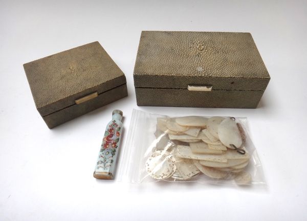 A foliate painted Victorian glass scent bottle, 9.5cm,  two 1920's shagreen and ivory cigarette boxes, 17cm wide, and a quantity of mother of pearl ga