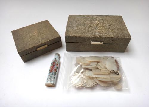 A foliate painted Victorian glass scent bottle, 9.5cm,  two 1920's shagreen and ivory cigarette boxes, 17cm wide, and a quantity of mother of pearl ga