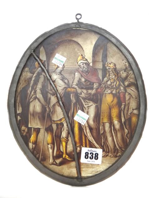A stained glass oval panel depicting a Medieval betrothal, 25.5cm, and a red painted oar blade, gilt lettered with the Exeter College Second Eight row