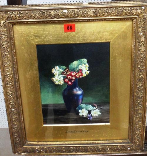 Lady Lindsey (early 20th century), Still life of primulas in a vase, watercolour and gouache, together with two further watercolours of floral still l