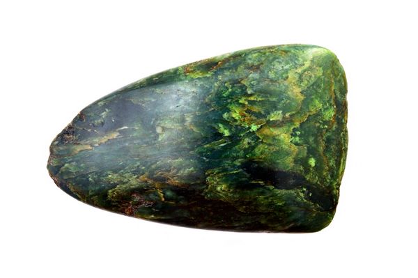 A carved green hardstone axe head, 13.5cm long.   Illustrated