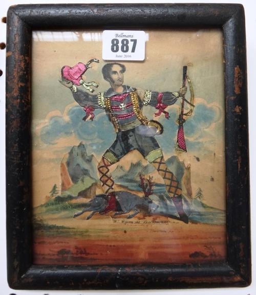 A set of four decoupage pictures, late 18th/early 19th century, each depicting a man in theatrical costume, and titled; Mr Dry as Lambro, Mr Hicks as