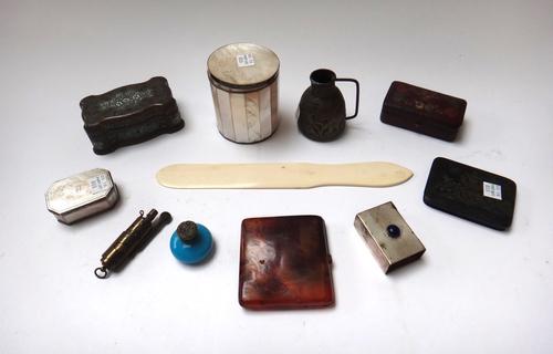 A set of four white metal sewing implements, early 20th century, in a fitted gilt leather case, together with a 19th century Continental mother of pea