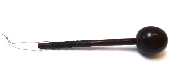 An African knobkerry, early 20th century, with large bulbous head and leather bound shaft, 45cm long.